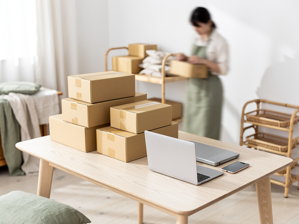 A minimal packing table with kraft boxes, a laptop and a phone, a person blurred in the background preparing an order.