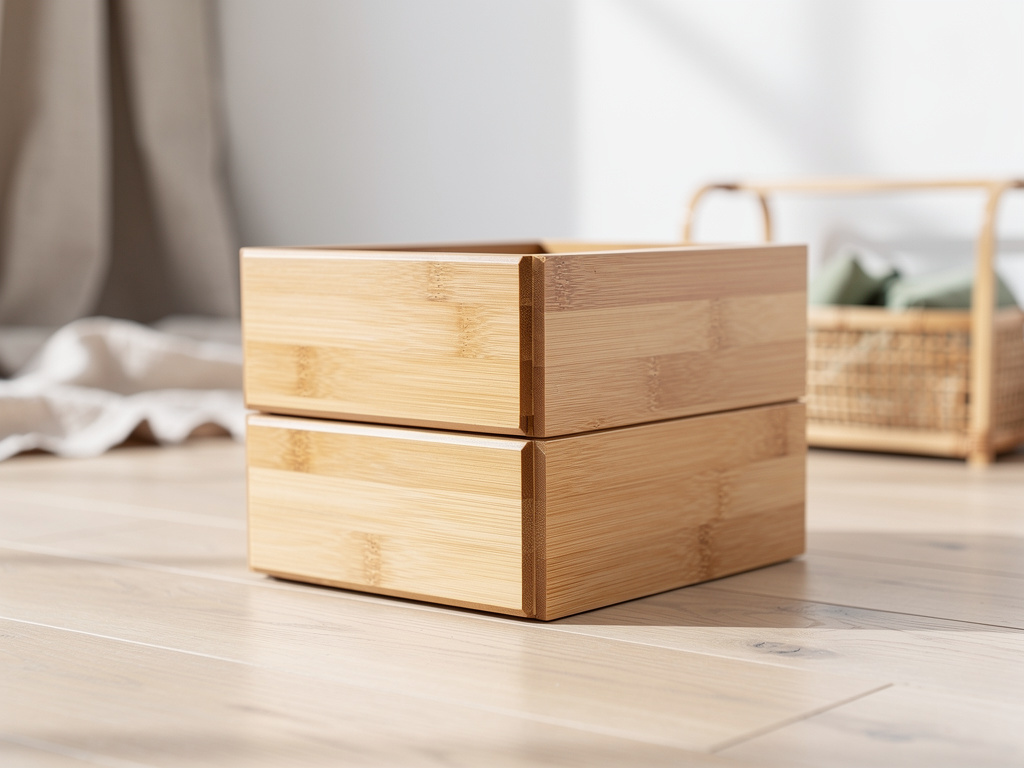 A close-up of two bamboo boxes stacked precisely, showing the clean joint and natural wood grain.