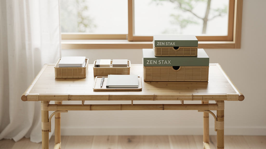 A clean bamboo desk by a large window with neatly stacked ZEN STAX boxes and trays holding a few notebooks and pens, lot