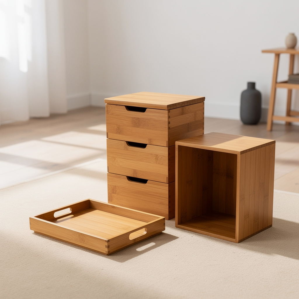 A neat stack of unbranded bamboo boxes, a shallow tray and an open cubby on a plain sand-colored surface, soft shadows,