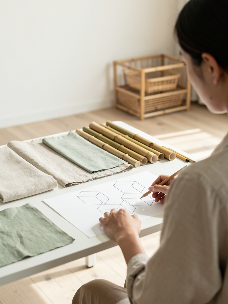 A tidy workspace seen from behind a figure out of focus sketching modular box shapes on paper, bamboo samples and linen